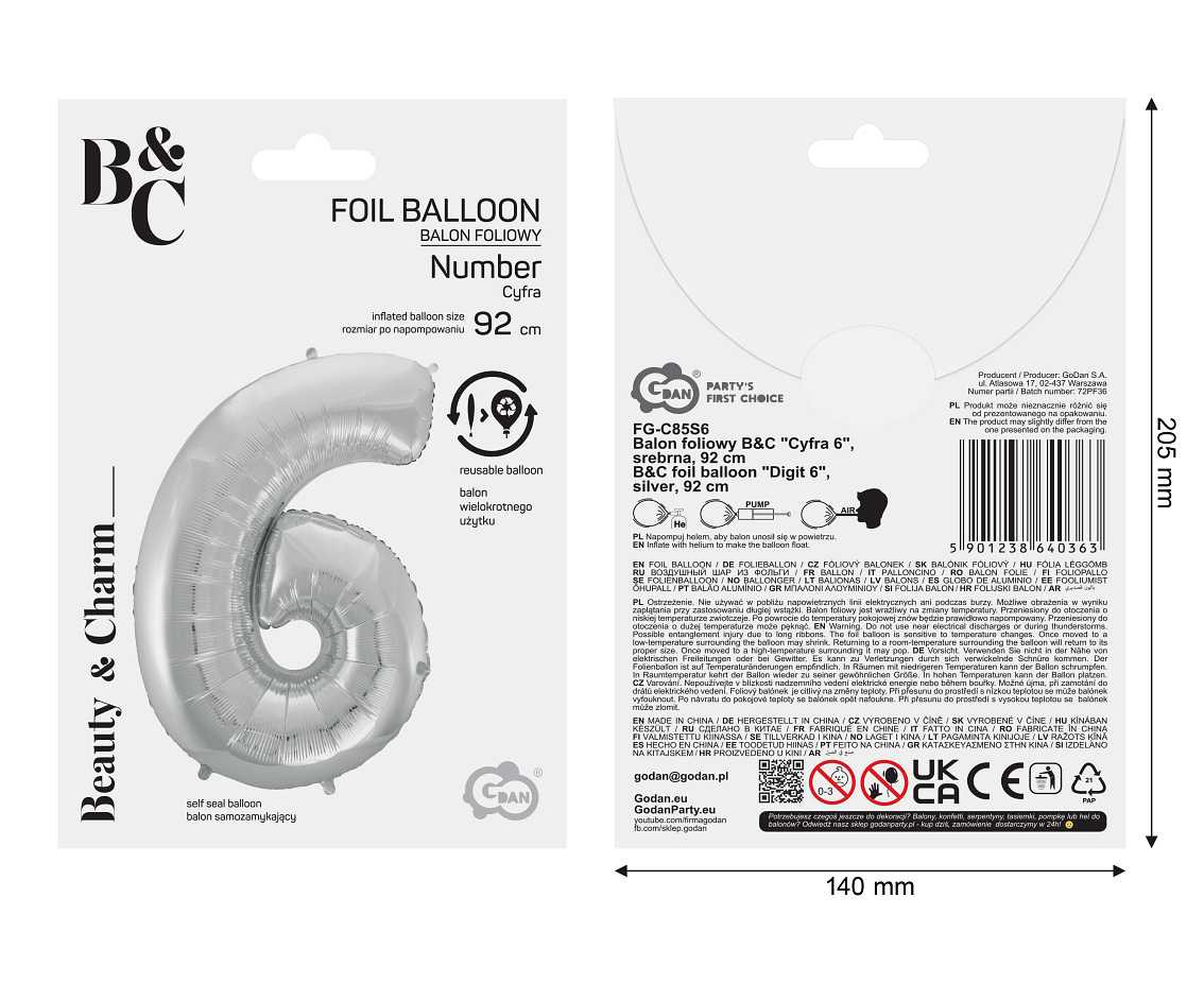 Foil balloon B&C digit 6, silver, 92 cm